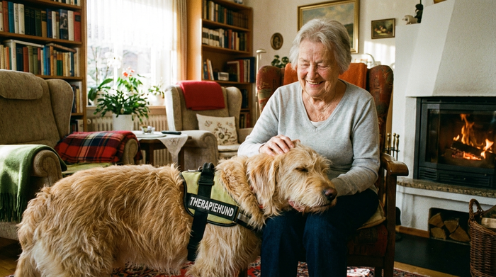 Eine ältere Dame streichelt sanft einen ruhigen, zotteligen Therapiehund, der seinen Kopf auf ihren Schoß gelegt hat. Die Dame lächelt glücklich in einer gemütlichen Umgebung.