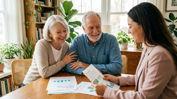 Ein älteres Ehepaar sitzt gemeinsam mit einer Beraterin an einem Tisch und schaut entspannt auf übersichtliche Dokumente. Die Stimmung ist erleichtert und sehr positiv.