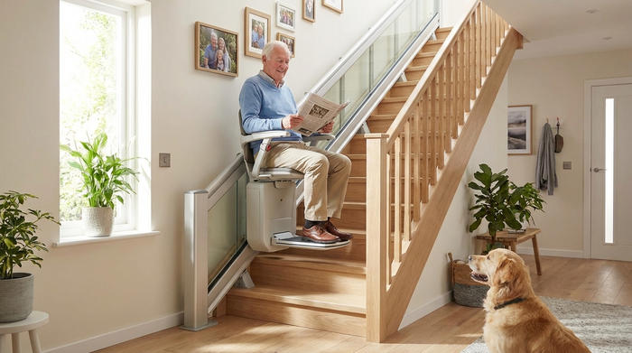 Ein moderner Treppenlift an einer hellen Holztreppe in einem gepflegten Hausflur. Ein älterer Herr fährt sicher und vollkommen entspannt nach oben.