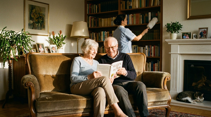 Ein älteres Ehepaar sitzt entspannt auf dem Sofa und liest gemeinsam ein Buch, während im Hintergrund eine Reinigungskraft unauffällig Staub wischt. Friedliche, häusliche Szene mit warmem Sonnenlicht.
