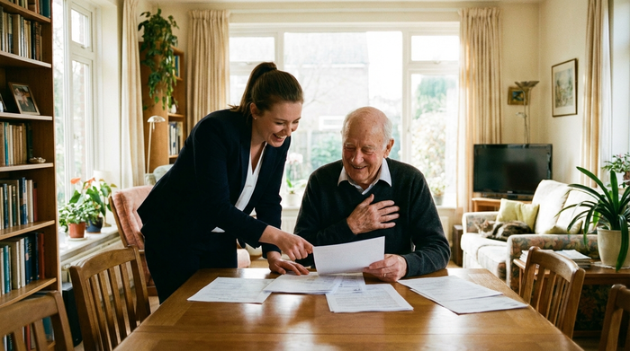 Ein Senior und eine freundliche Beraterin sitzen am Esstisch und besprechen lächelnd Dokumente. Warme, vertrauensvolle Stimmung, helles Wohnzimmer, ohne lesbaren Text auf den Papieren.