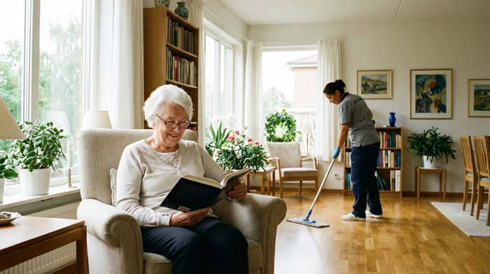 Eine ältere Frau sitzt entspannt in einem sauberen, sonnendurchfluteten Wohnzimmer und liest ein Buch, während im Hintergrund eine Reinigungskraft unauffällig den Holzboden wischt. Realistische Szene, aufgeräumtes und helles Ambiente, ohne Text.
