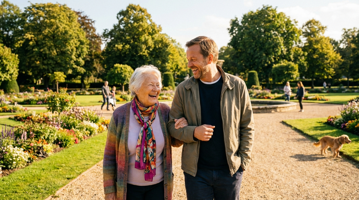 Eine fröhliche Seniorin und ihr männlicher Betreuer spazieren an einem sonnigen Tag durch einen gepflegten grünen Park. Sie haken sich unter und lachen gemeinsam. Realistische, natürliche Beleuchtung, klare und saubere Umgebung.