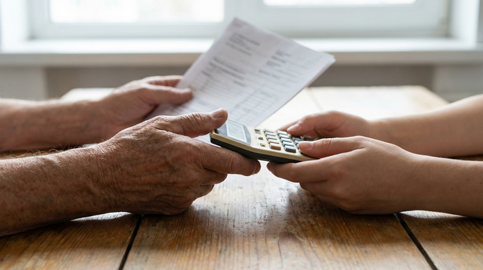 Nahaufnahme von zwei Händen, die von einer älteren und einer jüngeren Person stammen. Sie halten gemeinsam Dokumente und einen Taschenrechner auf einem sauberen Holztisch. Helle Büroumgebung, fokussiert, realistisch, keine lesbaren Texte oder Diagramme.