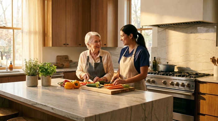 Eine ältere Dame und eine jüngere Betreuerin kochen gemeinsam in einer modernen, sauberen Küche. Sie schneiden frisches Gemüse an einer Kücheninsel und lächeln sich an. Warme Farben, harmonische Stimmung, realistische Fotografie.