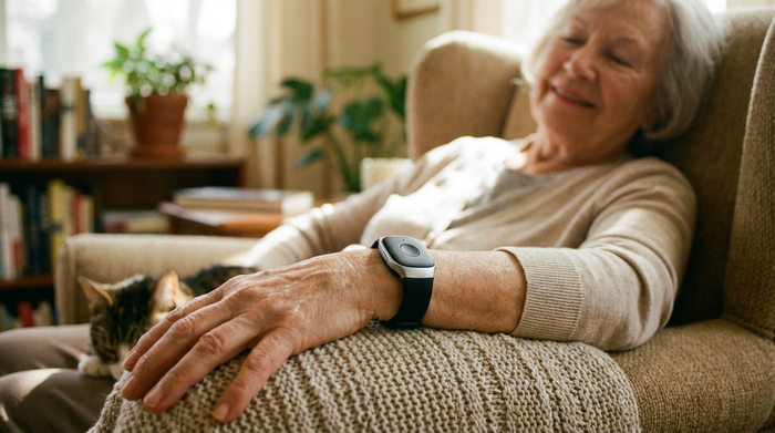 Ein moderner, unauffälliger Hausnotruf-Knopf am Handgelenk einer Seniorin, die entspannt in einem Sessel sitzt. Fokus auf das Handgelenk und das sichere Gefühl, gemütliches Wohnzimmer im unscharfen Hintergrund, realistische Beleuchtung, kein Text.