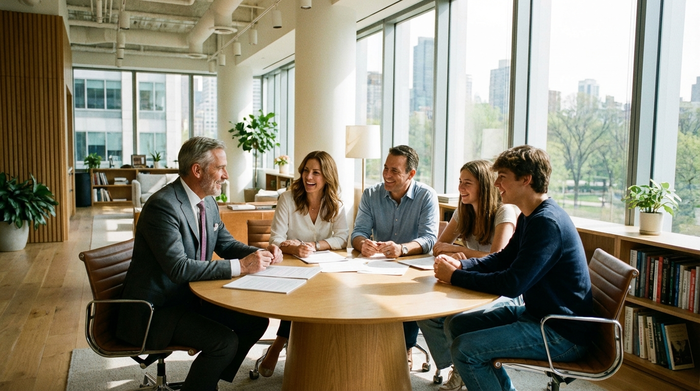 Ein seriöser Berater im eleganten Anzug sitzt mit einer Familie in einem modernen, lichtdurchfluteten Büro an einem runden Holztisch. Sie besprechen entspannt Dokumente. Vertrauensvolle Atmosphäre, helles Tageslicht.