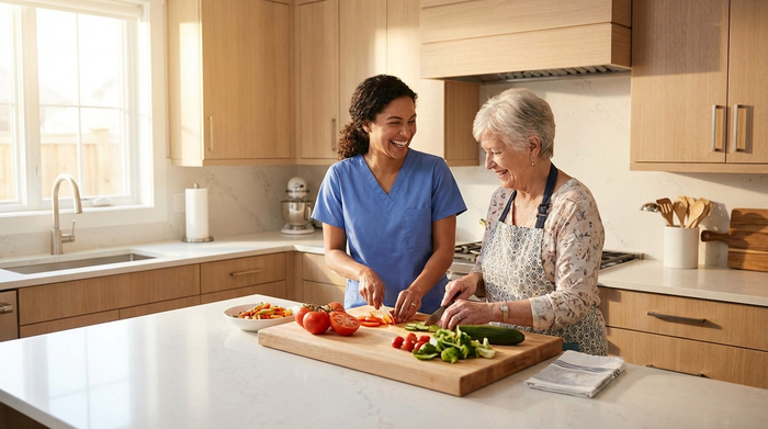Eine freundliche Pflegerin hilft einer älteren Dame beim gemeinsamen Kochen in einer sauberen, modernen Küche. Sie schneiden frisches Gemüse auf einem Holzbrett. Warmes Licht, fröhliche und entspannte Stimmung.