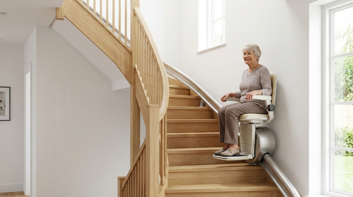 Ein moderner Treppenlift an einer hellen, geschwungenen Holztreppe in einem gepflegten Einfamilienhaus. Eine ältere Frau sitzt bequem und sicher auf dem Lift, während sie nach oben fährt. Hochwertige, fotorealistische Aufnahme.