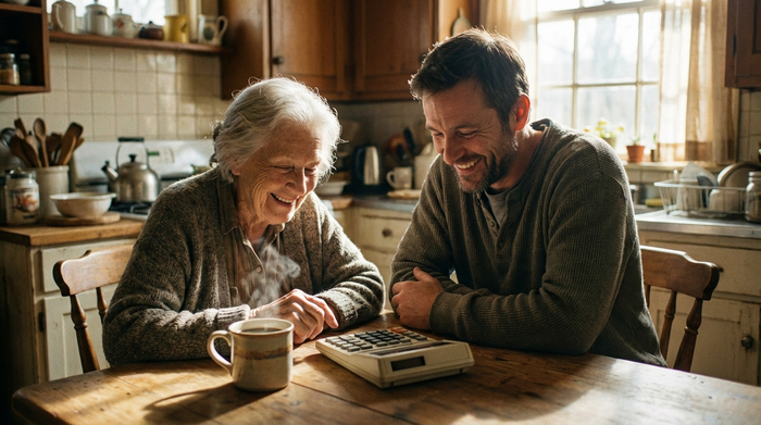Eine ältere Frau und ihr erwachsener Sohn sitzen am Küchentisch und schauen lächelnd auf einen Taschenrechner. Eine dampfende Tasse Kaffee steht daneben. Entspannte und erleichterte Stimmung beim Kalkulieren.