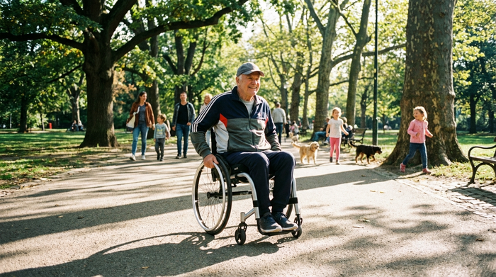 Ein rüstiger Senior fährt mit einem modernen, silbernen Leichtgewichtrollstuhl durch einen sonnigen Park mit großen alten Bäumen. Gepflegte Wege, fröhliche Stimmung, aktives Leben im Alter.