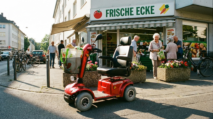 Ein rotes Elektromobil für Senioren parkt sicher vor einem kleinen Supermarkt. Strahlender Sonnenschein, eine Einkaufstasche liegt im vorderen Korb des Scooters. Selbstständigkeit im städtischen Alltag.