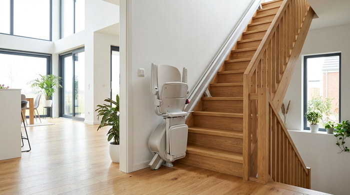 Ein moderner Treppenlift ist an einer gepflegten Holztreppe in einem hellen Einfamilienhaus montiert. Der Sitz ist elegant und unauffällig eingeklappt. Barrierefreies Wohnen ohne Hindernisse.
