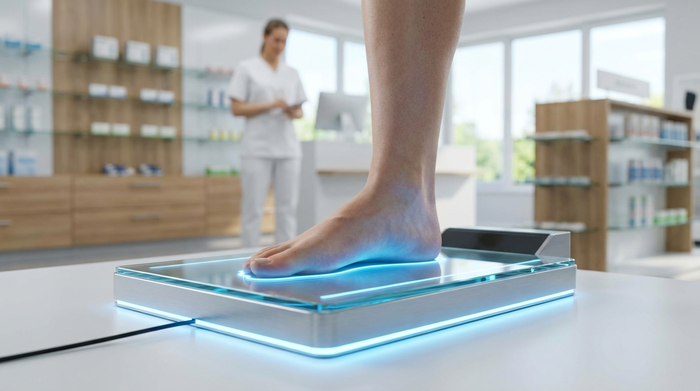 Ein moderner, leuchtender 3D-Fußscanner in einem hellen, sauberen Sanitätshaus. Ein Fuß steht auf der beleuchteten Glasplatte, während ein blaues Licht die Konturen abtastet. Im Hintergrund ist unscharf ein Orthopädietechniker in weißer Berufskleidung zu erkennen.