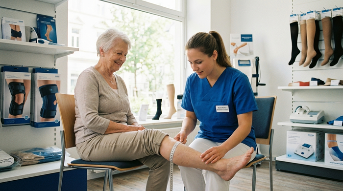 Eine professionelle Fachkraft in einem sauberen Sanitätshaus misst behutsam mit einem flexiblen Maßband den Wadenumfang einer älteren Patientin. Sanftes Tageslicht fällt durch das Fenster, die Szene wirkt vertrauensvoll und medizinisch kompetent.