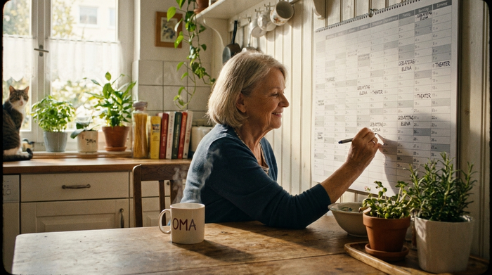 Eine ältere Dame am Küchentisch schaut zufrieden auf einen Kalender, in den sie sich mit einem Stift wichtige Termine einträgt. Eine Kaffeetasse steht daneben in einer gemütlichen, sonnendurchfluteten Küche.