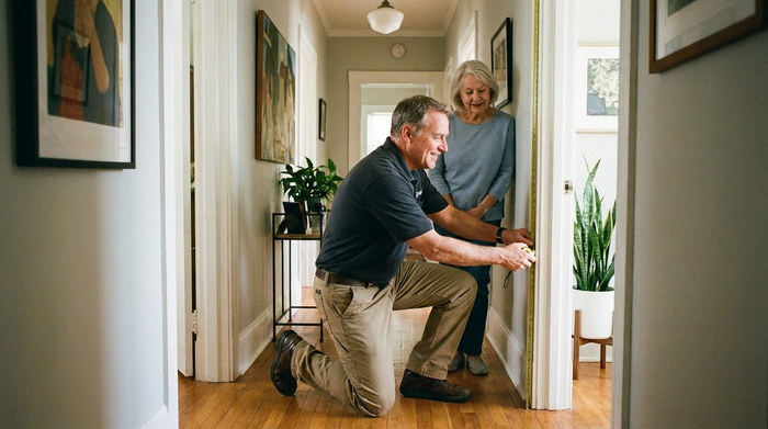 Ein empathischer Reha-Techniker kniet im Flur einer gepflegten Wohnung und misst mit einem Maßband sorgfältig die Breite des Türrahmens aus. Im Hintergrund schaut eine ältere Frau interessiert zu.