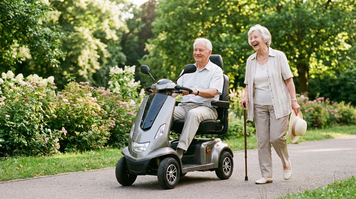 Ein fröhliches älteres Ehepaar macht einen Ausflug im Park. Der Mann fährt entspannt in einem modernen Elektromobil auf einem gepflasterten Weg, während seine Frau lachend neben ihm spaziert. Grüne Bäume im Hintergrund vollenden die friedliche Szene.
