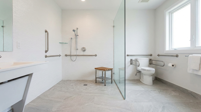 Ein modernes, helles, barrierefreies Badezimmer mit einer großzügigen, ebenerdigen Dusche, eleganten Haltegriffen an den Wänden und rutschfesten Fliesen. Ein kleiner, stabiler Duschhocker steht bereit.