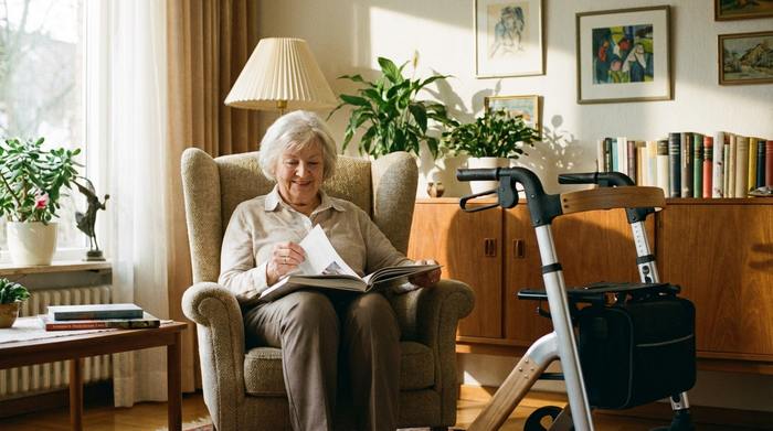 Eine lächelnde Seniorin sitzt auf einem bequemen Sofa, während sie entspannt in einem Buch blättert. Neben ihr steht gut erreichbar ein moderner Rollator. Die Szene strahlt absolute Ruhe und Selbstständigkeit aus.