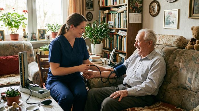 Eine fürsorgliche Pflegekraft misst den Blutdruck eines älteren Herrn, der bequem auf einem Sofa in einem gemütlichen Wohnzimmer sitzt.