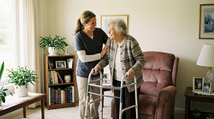 Eine Pflegekraft hilft einer älteren Frau liebevoll beim Aufstehen aus einem bequemen Sessel in einem hellen, aufgeräumten Wohnzimmer.