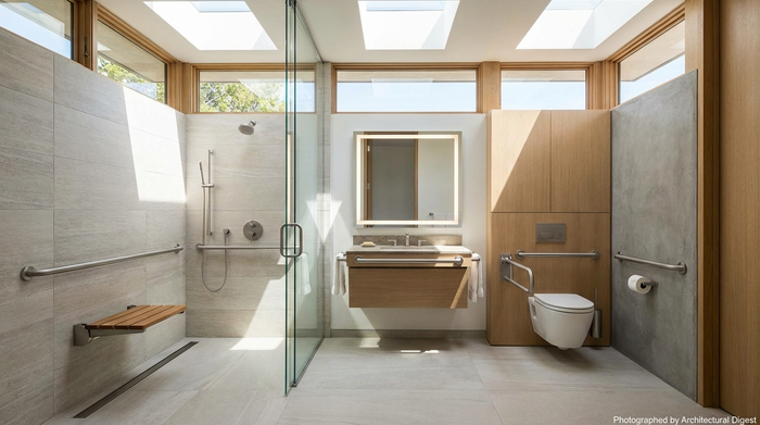 Ein modernes, barrierefreies Badezimmer mit einer bodengleichen Dusche und sicheren Haltegriffen, hell erleuchtet und stilvoll eingerichtet.