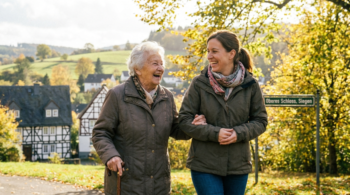 Eine ältere Dame und ihre Betreuungskraft spazieren fröhlich durch einen sonnigen Park im Siegerland und unterhalten sich angeregt.