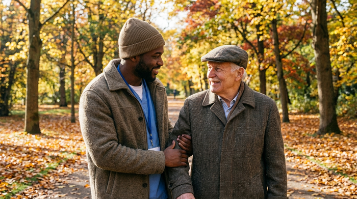 Ein fürsorglicher Krankenpfleger stützt behutsam den Arm eines älteren Herrn beim gemeinsamen Spaziergang im herbstlichen Park. Beide tragen warme Kleidung und lächeln sich freundlich an.