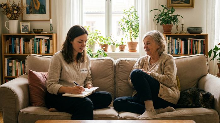 Zwei Frauen sitzen auf einem bequemen Sofa im Wohnzimmer und unterhalten sich zugewandt. Die jüngere Frau trägt ein dezentes Namensschild und macht sich Notizen, während die ältere Frau entspannt zuhört.