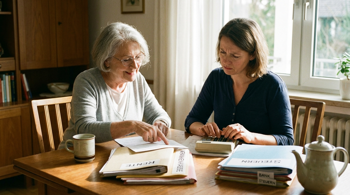 Eine ältere Frau sitzt mit ihrer erwachsenen Tochter am Esstisch. Vor ihnen liegen übersichtlich sortierte Dokumente und eine Kaffeetasse. Die Tochter tippt konzentriert etwas in einen Taschenrechner ein.