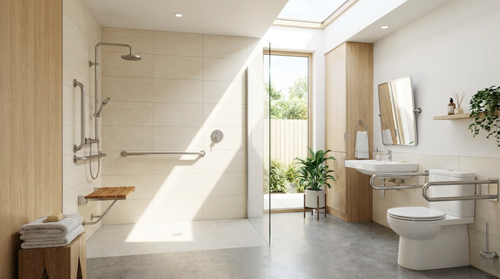 Ein modernes, helles und barrierefreies Badezimmer mit einer bodengleichen Dusche. Ein stabiler Haltegriff ist an der Wand montiert, und ein Duschsitz steht bereit. Alles wirkt sauber, sicher und einladend.