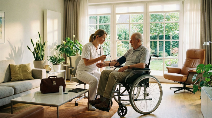 Eine engagierte Pflegefachkraft in weißer Berufskleidung misst behutsam den Blutdruck eines älteren Herrn im Rollstuhl in dessen modernem Wohnzimmer. Helle, freundliche Umgebung, professionelle medizinische Versorgung zu Hause.