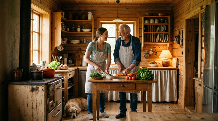 Eine fürsorgliche Betreuerin und ein älterer Mann kochen gemeinsam in einer rustikalen Holzküche. Beide lachen, während sie frisches Gemüse schneiden. Warme Beleuchtung, harmonisches Zusammenleben, realistische Szene.