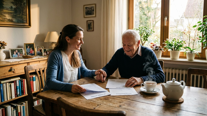 Eine Tochter und ihr älterer Vater sitzen am Esstisch und schauen gemeinsam entspannt auf einige Dokumente. Eine Tasse Tee steht daneben. Friedliche Stimmung, Erleichterung bei der Pflegeplanung, helles Licht.