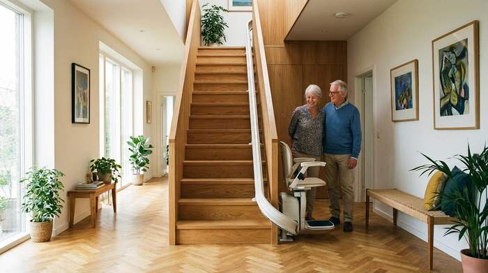 Ein moderner, unauffälliger Treppenlift ist an einer Holztreppe in einem gepflegten Einfamilienhaus installiert. Der Flur ist hell und einladend dekoriert. Barrierefreies Wohnen im Alter, realistische Architekturfotografie.