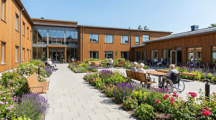 Eine moderne, barrierefreie Wohnanlage für Senioren mit einer gepflegten Außenfassade und rollstuhlgerechten Wegen. Im sonnigen Innenhof stehen bequeme Bänke umgeben von bunten Blumenbeeten.