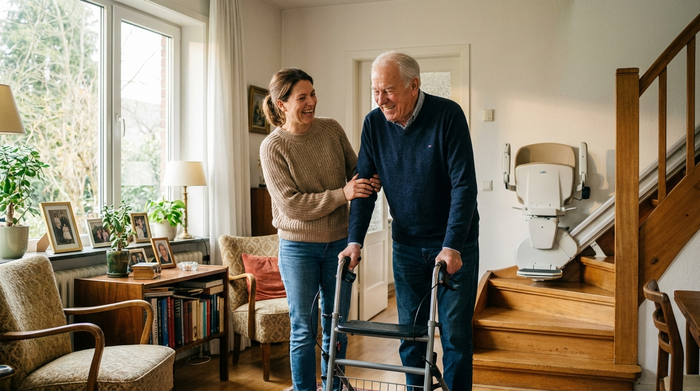 Eine engagierte Pflegekraft unterstützt einen lächelnden Senior liebevoll beim Gehen im eigenen, gemütlich eingerichteten Wohnzimmer. Im Hintergrund ist ein moderner, unauffälliger Treppenlift an der Wand montiert.