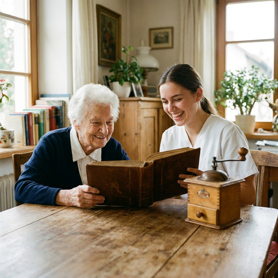 Eine ältere Frau und eine junge Pflegekraft betrachten gemeinsam ein altes, in Leder gebundenes Fotoalbum. Beide lächeln. Auf dem Holztisch liegt eine historische Kaffeemühle aus Holz.