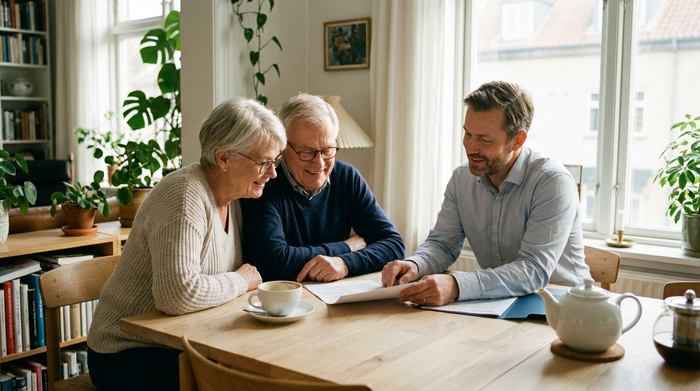 Ein älteres Ehepaar sitzt gemeinsam mit einem Berater an einem hellen Holztisch. Sie betrachten aufmerksam Dokumente. Der Berater erklärt freundlich und zugewandt die Unterlagen. Eine Tasse Kaffee steht auf dem Tisch.