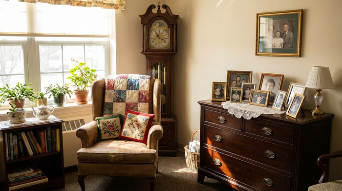 Ein liebevoll eingerichtetes Zimmer im Pflegeheim. Ein bequemer Ohrensessel, eine alte Standuhr und gerahmte Familienfotos auf einer Holzkommode schaffen eine vertraute, gemütliche Atmosphäre.