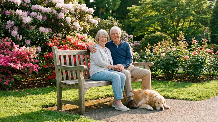 Ein älteres Ehepaar sitzt entspannt auf einer sonnigen Parkbank in einer gepflegten Grünanlage, umgeben von blühenden Sträuchern. Friedliche Stimmung, klare Umgebung.