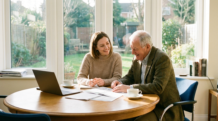 Eine freundliche Beraterin sitzt mit einem älteren Herrn an einem runden Holztisch in einem hellen Büro. Sie betrachten gemeinsam Dokumente, vertrauensvolle Atmosphäre.