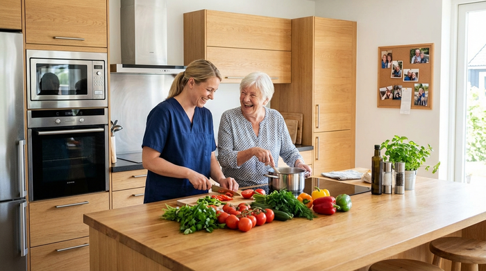 Eine engagierte Betreuungskraft kocht gemeinsam mit einer fröhlichen Seniorin in einer modernen, sauberen Küche. Frisches Gemüse auf dem Tisch, familiäres Miteinander.