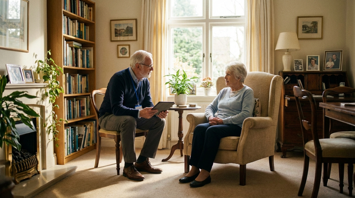 Ein empathischer Gutachter unterhält sich aufmerksam mit einer älteren Dame in ihrem gemütlichen Wohnzimmer. Helles Tageslicht, professionelles und ruhiges Umfeld.