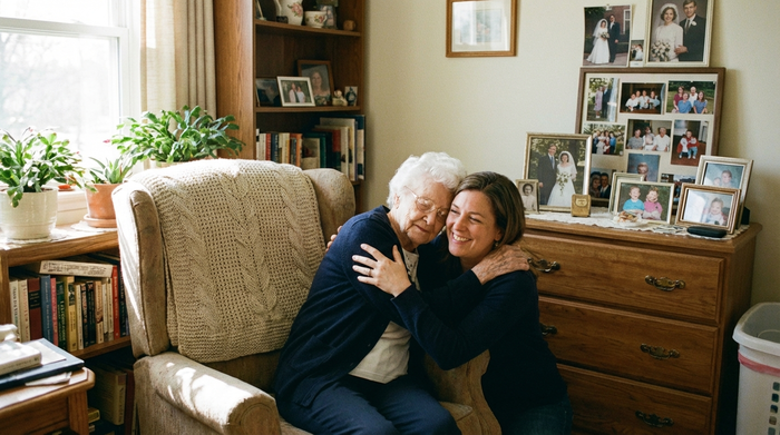 Eine Tochter umarmt ihre ältere Mutter liebevoll in einem wohnlich eingerichteten Pflegeheimzimmer. Ein bequemer Sessel und persönliche Fotos im Hintergrund schaffen Vertrautheit.