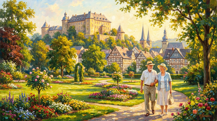 Eine malerische, sonnige Ansicht der Stadt Siegen mit dem Oberen Schloss im Hintergrund. Im Vordergrund spaziert ein älteres Ehepaar entspannt durch eine gepflegte Grünanlage.