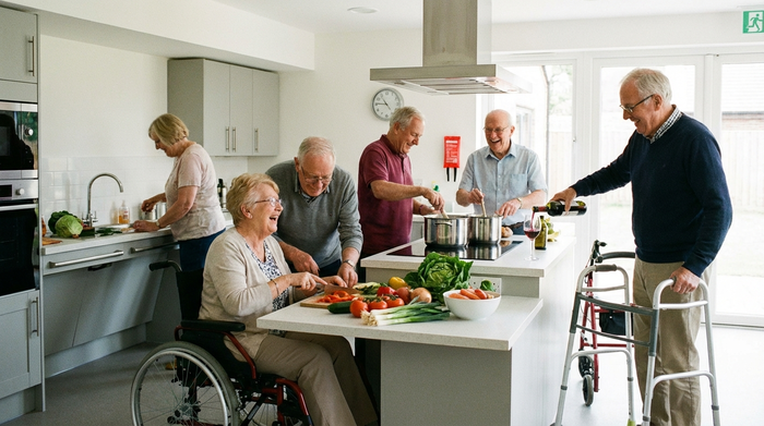 Eine fröhliche Gruppe von Senioren kocht gemeinsam in einer geräumigen, barrierefreien Küche. Frisches Gemüse liegt auf der Arbeitsfläche, alle lachen und haben sichtlich Spaß.