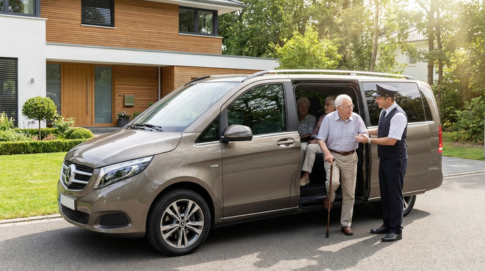Ein komfortabler, moderner Kleinbus mit geöffneter Schiebetür steht vor einem gepflegten Einfamilienhaus. Ein freundlicher Fahrer hilft einem Senior behutsam beim Einstieg in das Fahrzeug.