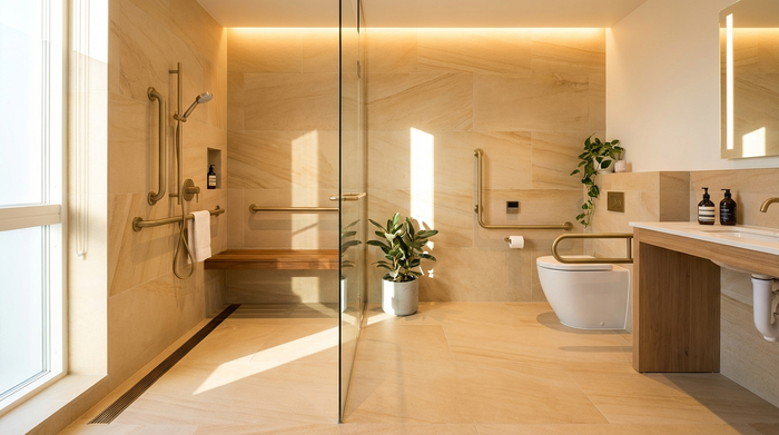 Ein modernes, barrierefreies Badezimmer mit einer großzügigen, bodengleichen Dusche und eleganten Haltegriffen. Helles Licht und warme Fliesen sorgen für eine sichere, angenehme Atmosphäre.